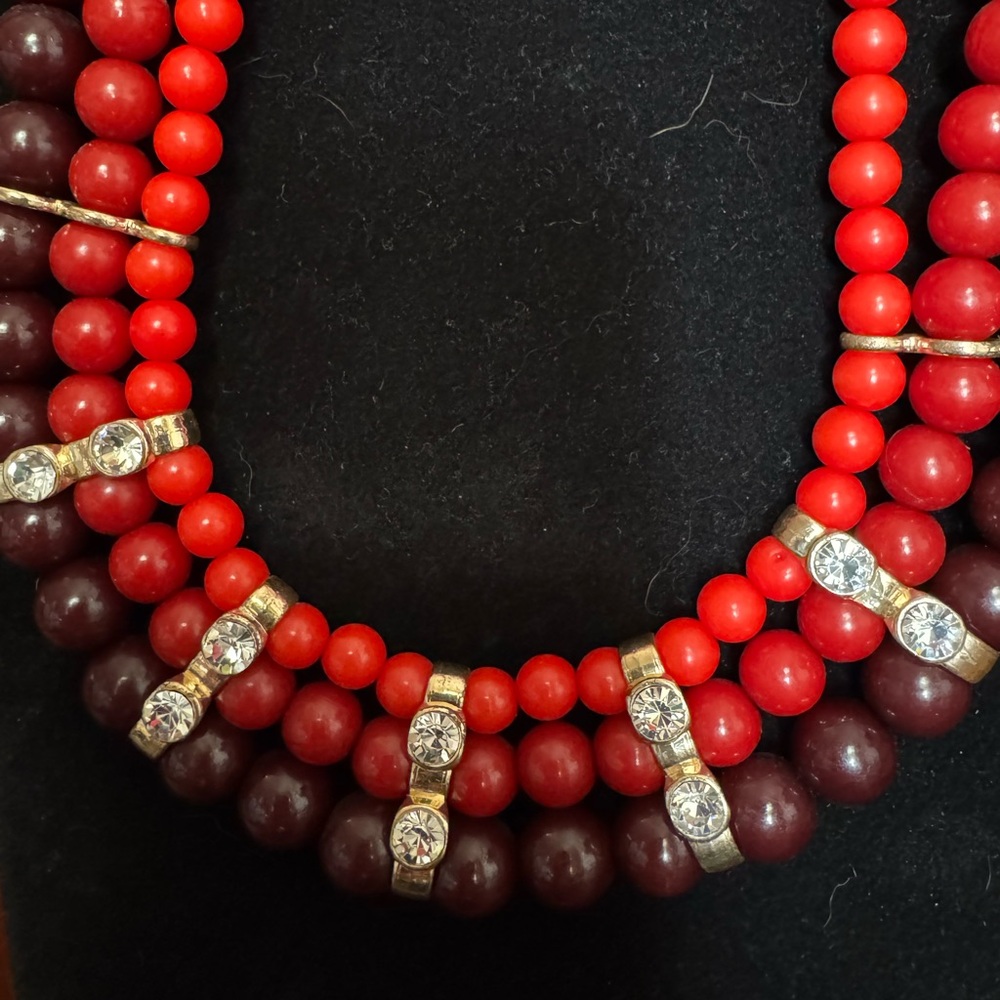 Elegant Red and Dark Red Rhinestone and Beaded Necklace